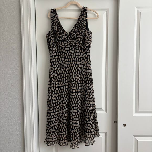 Adrianna Papell Women’s 100% Silk Polkadot Midi Dress Sz 14 Brown Sleeveless - Picture 1 of 14